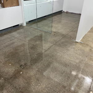 Cleaning and maintenance of restroom concrete floor in NYC Office