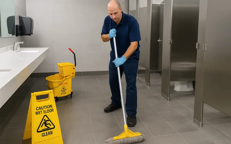 Advantage cleaner cleaning the floor in a university restroom