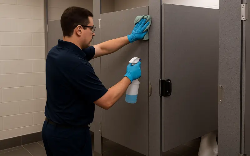 Cleaner cleaning and disinfecting bathroom stalls in school restroom
