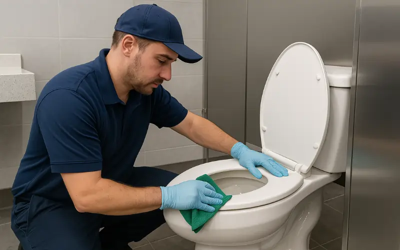 Cleaner cleaning toilet seat in school restroom