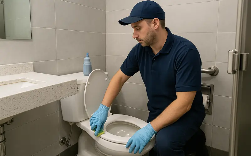 Cleaner cleaning toilets in school bathroom