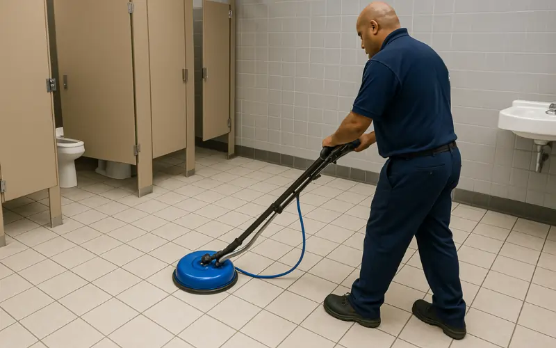 cleaner sealing grout in tile floors using a machine in a university restroom